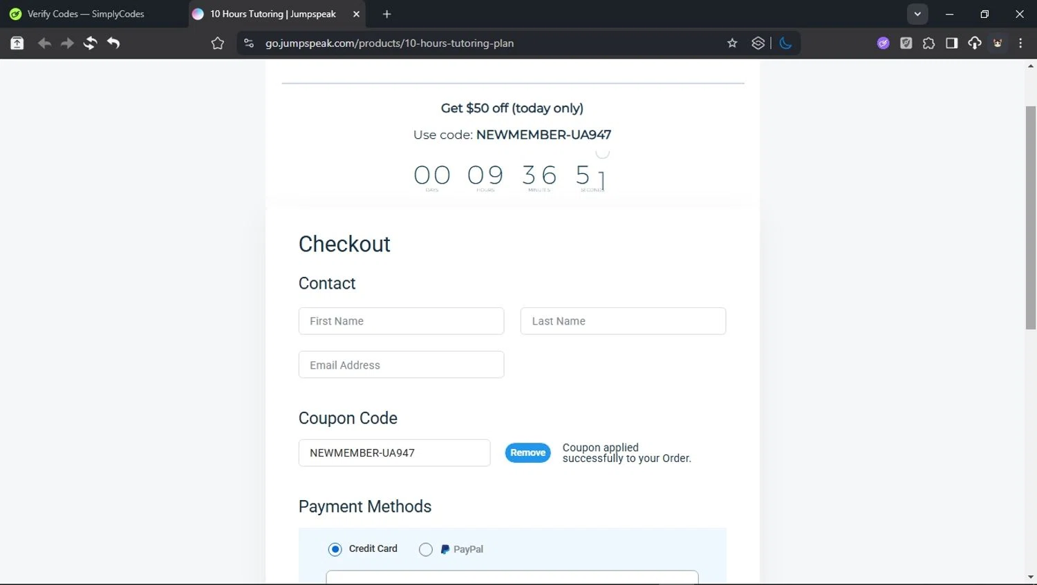 Jumpspeak coupon code screenshot showing code NEWMEMBER-UA947 applied at Jumpspeak checkout page. Uploaded by SimplyCodes community member BudgetCollector3125 on Oct 6, 2025