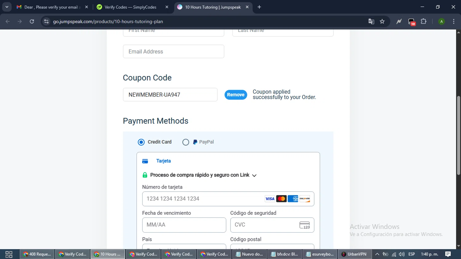 Jumpspeak checkout page showing Jumpspeak coupon code box | Screenshot taken by SimplyCodes community member on Oct 6, 2025