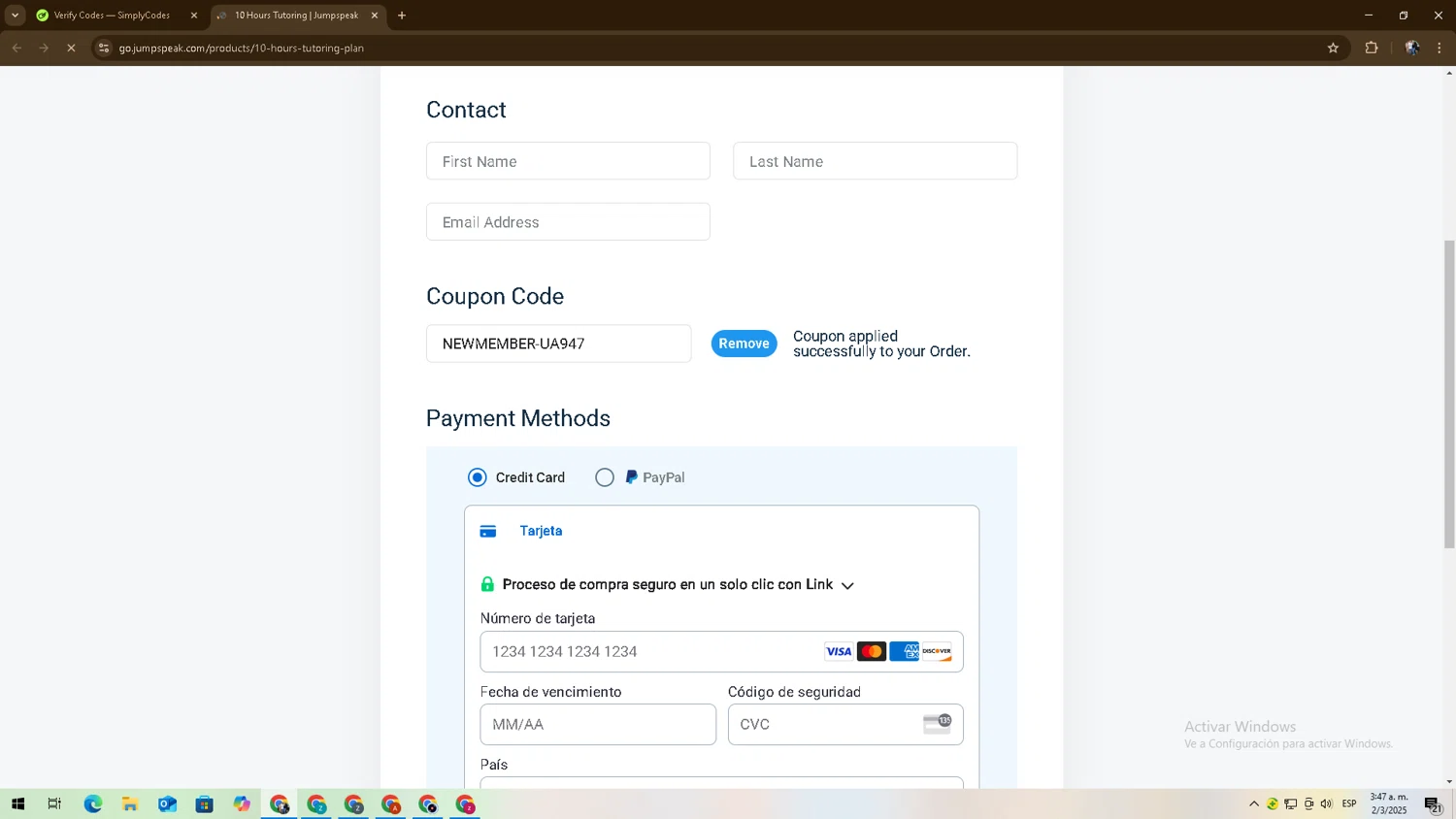 Jumpspeak checkout page showing Jumpspeak coupon code box | Screenshot taken by SimplyCodes community member on Mar 2, 2025