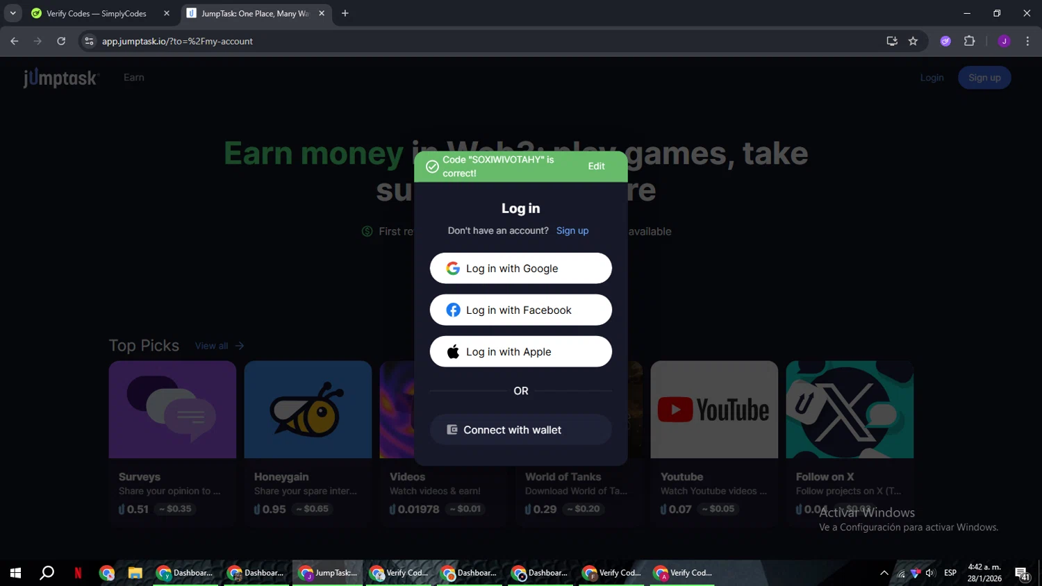 JumpTask.io promo code screenshot showing code SOXIWIVOTAHY applied at JumpTask.io checkout page. Uploaded by SimplyCodes community member ComeBurra123 on Jan 28, 2026