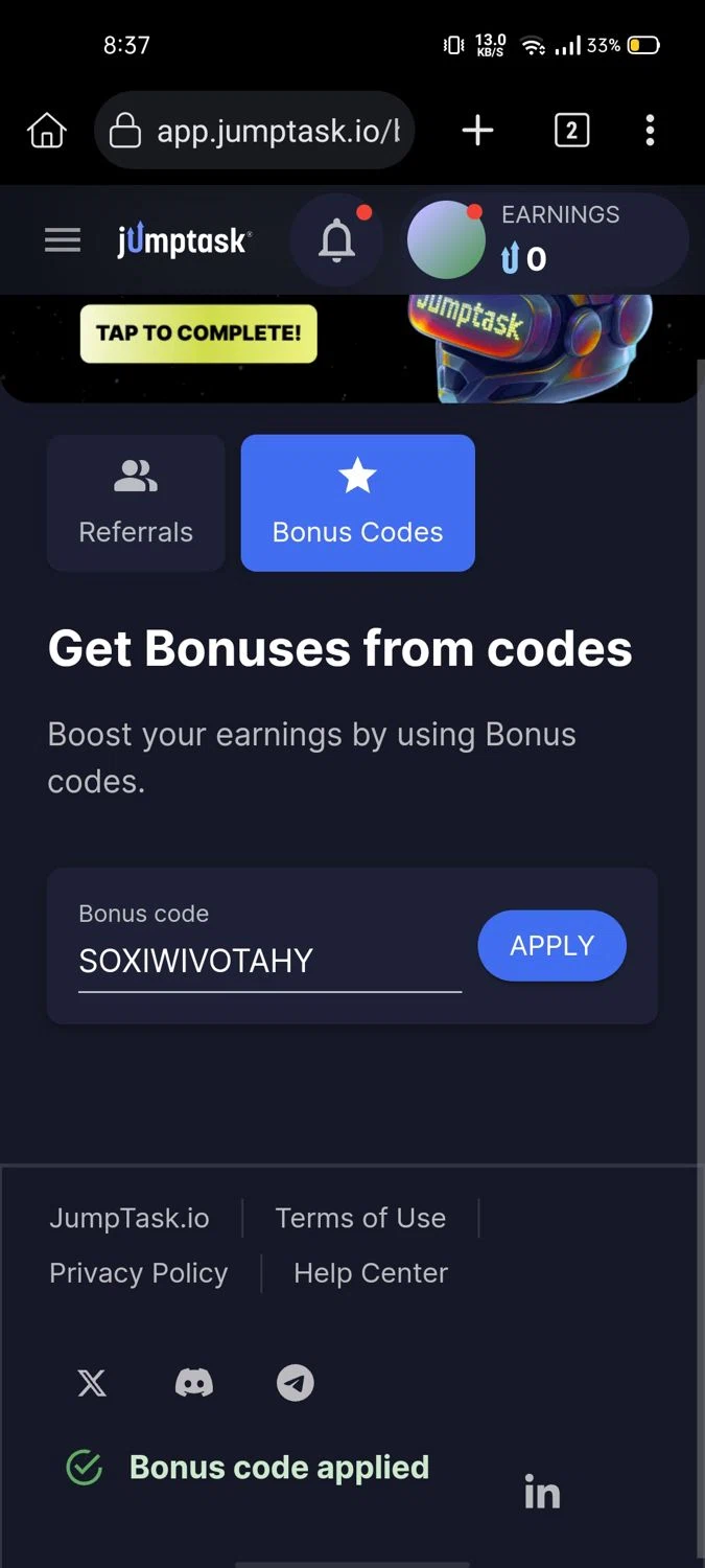 JumpTask.io promo code screenshot showing code SOXIWIVOTAHY applied at JumpTask.io checkout page. Uploaded by SimplyCodes community member Wonderwoman82 on Aug 20, 2025