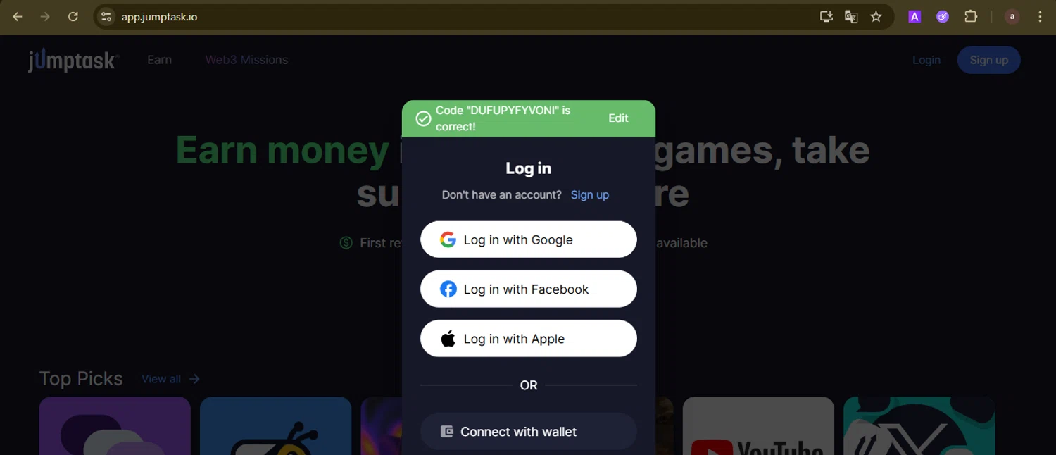 JumpTask.io promo code screenshot showing code DUFUPYFYVONI applied at JumpTask.io checkout page. Uploaded by SimplyCodes community member GoldCurator1773 on Nov 4, 2025