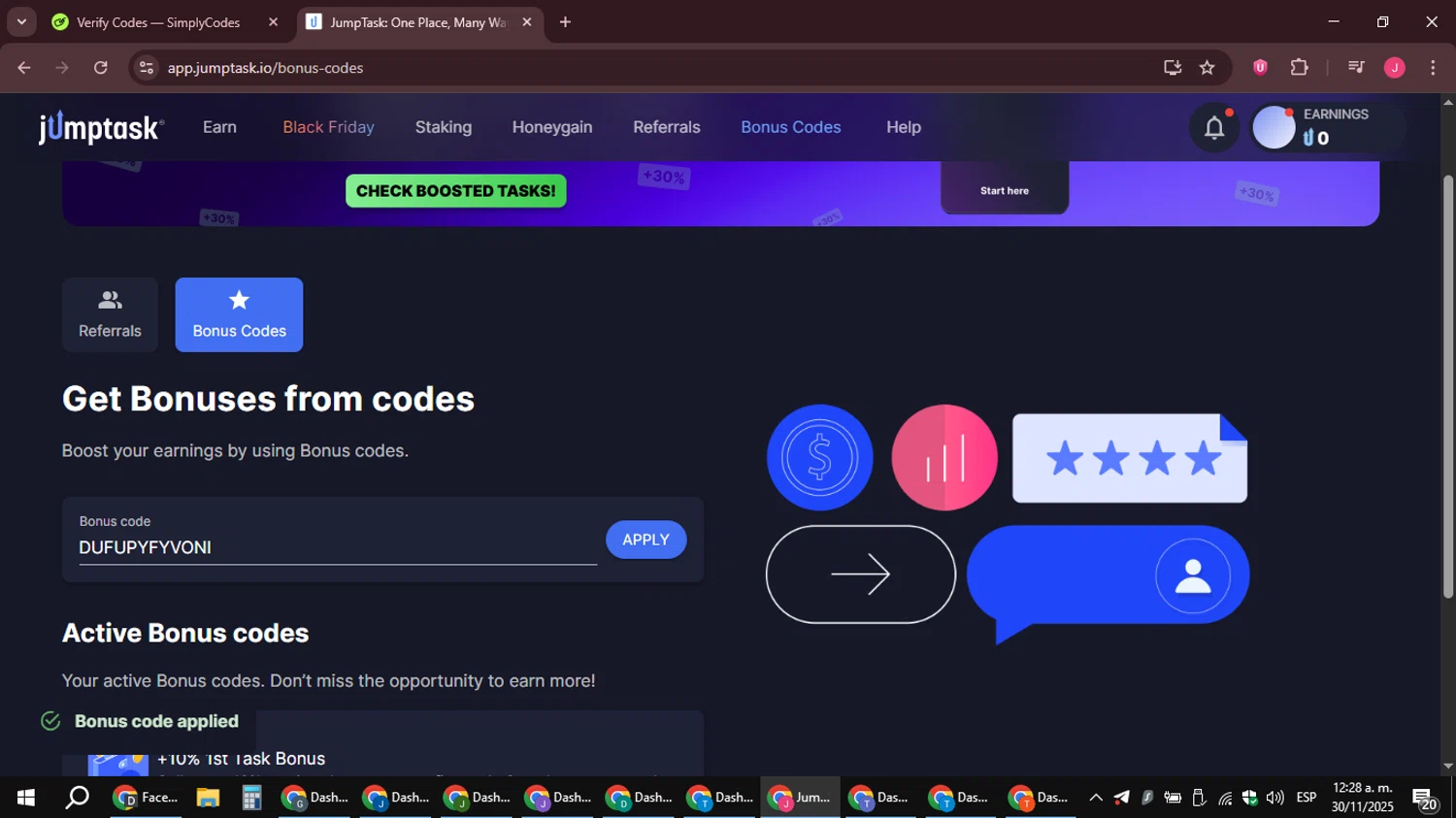 JumpTask.io promo code screenshot showing code DUFUPYFYVONI applied at JumpTask.io checkout page. Uploaded by SimplyCodes community member JackWilson63 on Nov 30, 2025