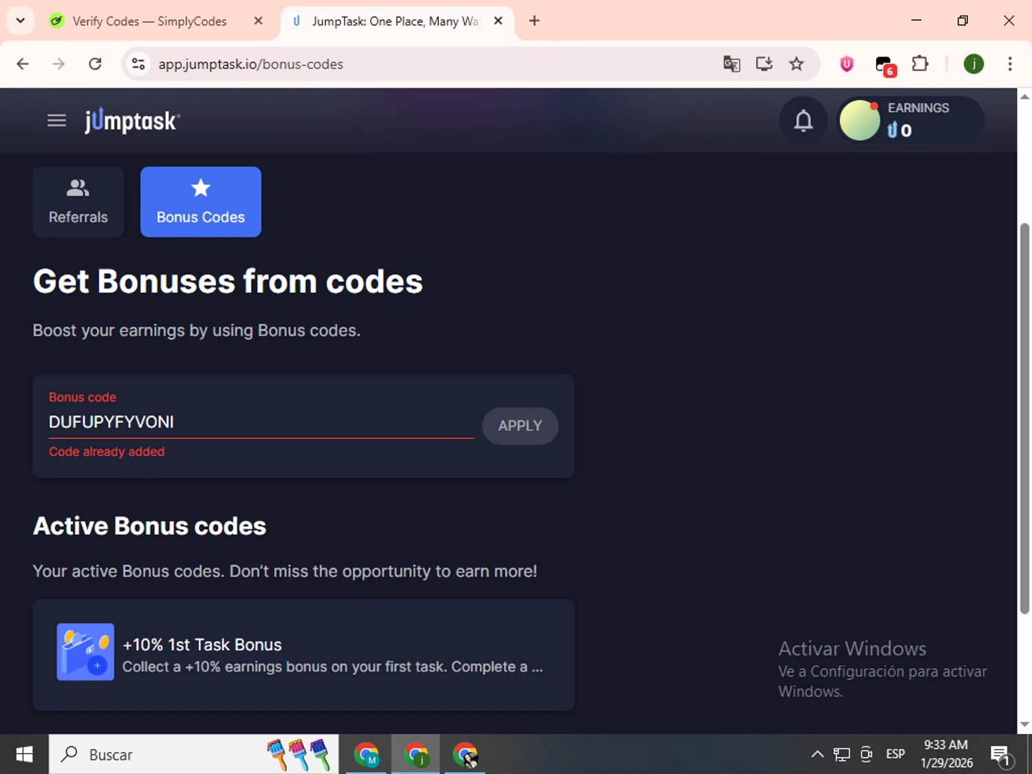 JumpTask.io promo code screenshot showing code DUFUPYFYVONI applied at JumpTask.io checkout page. Uploaded by SimplyCodes community member SavingsCollector2592 on Jan 29, 2026