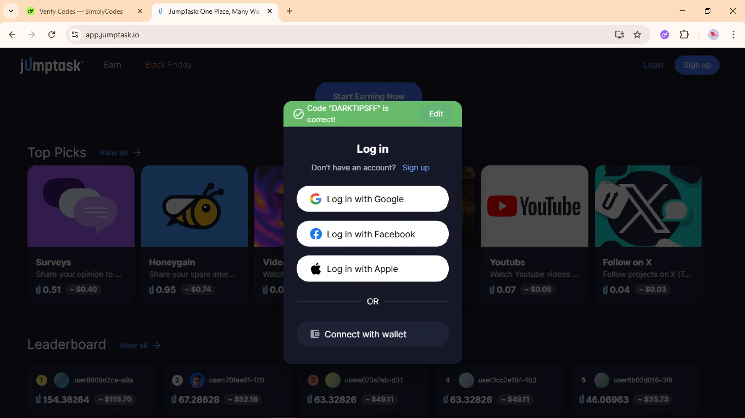 JumpTask.io promo code screenshot showing code DARKTIPSFF applied at JumpTask.io checkout page. Uploaded by SimplyCodes community member ValueFox5508 on Nov 25, 2025