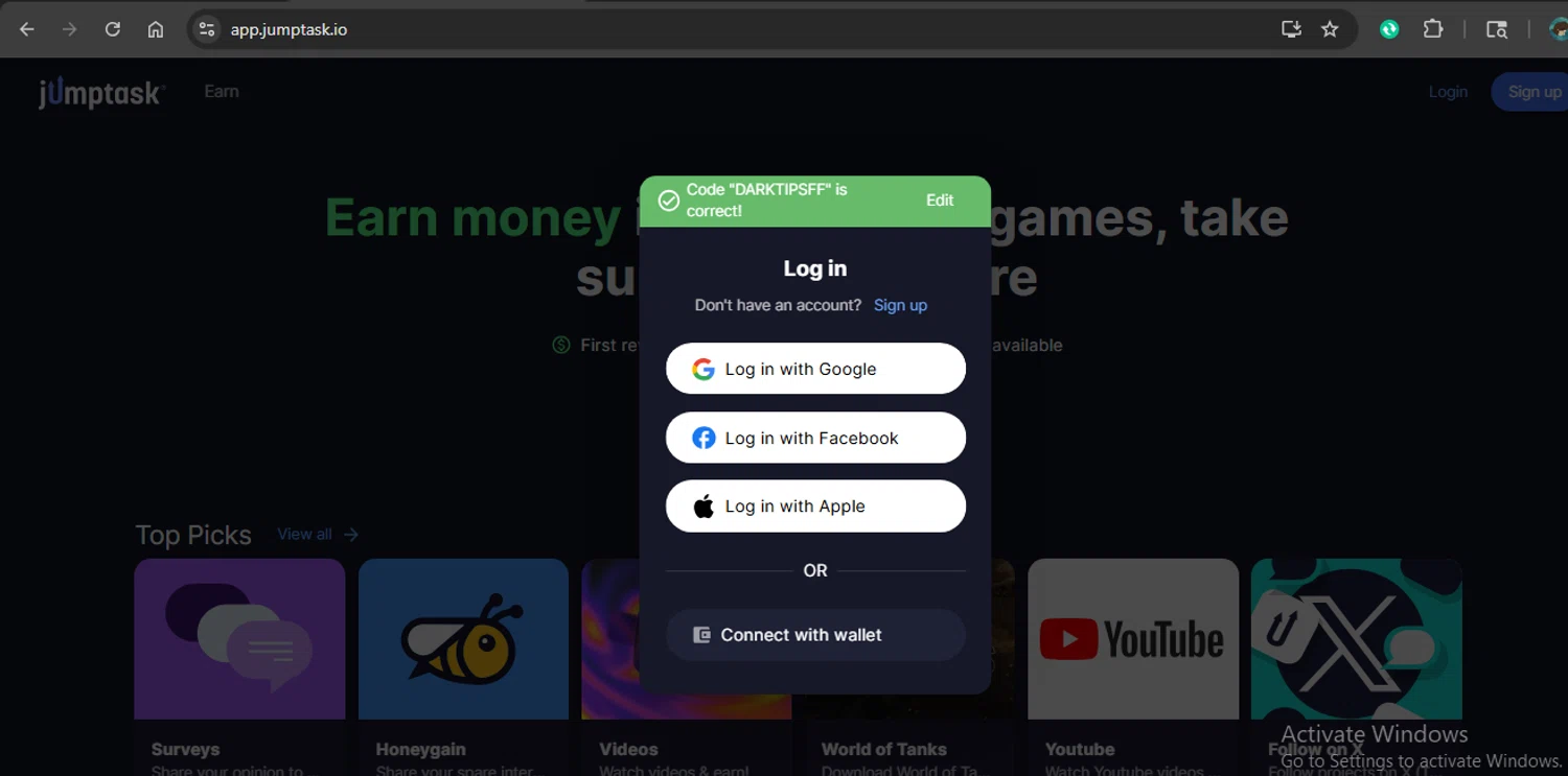 JumpTask.io promo code screenshot showing code DARKTIPSFF applied at JumpTask.io checkout page. Uploaded by SimplyCodes community member xaswqe on Dec 24, 2025