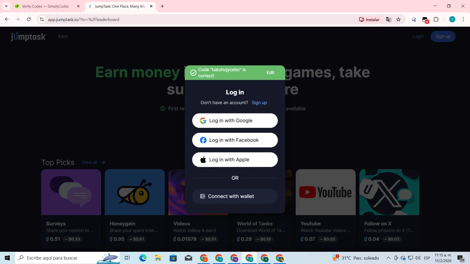 JumpTask.io promo code screenshot showing code batohujycebo applied at JumpTask.io checkout page. Uploaded by SimplyCodes community member lyffytaro on Feb 15, 2026