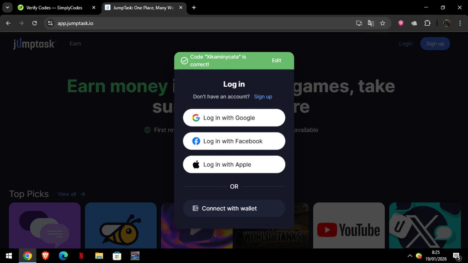 JumpTask.io promo code screenshot showing code Xikaminycata applied at JumpTask.io checkout page. Uploaded by SimplyCodes community member ELYEYE on Jan 19, 2026