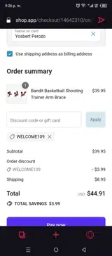 WELCOME109 coupon verification screenshot