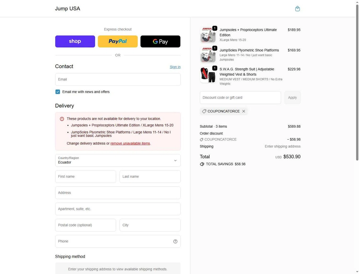 Jump USA promo code screenshot showing code COUPONCATORCE applied at Jump USA checkout page. Uploaded by SimplyCodes community member Andaspendientedeunovale on May 31, 2026