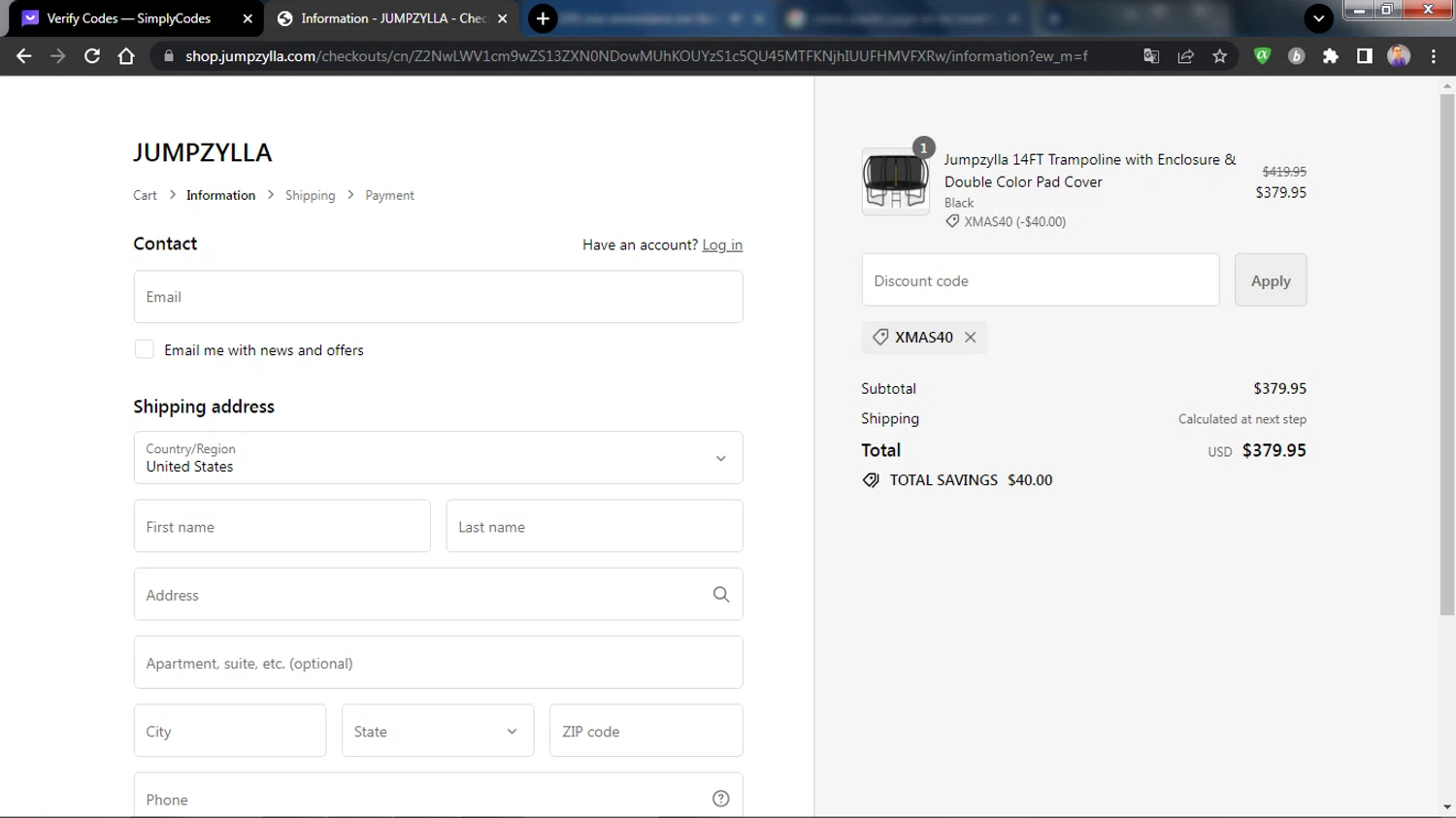 Jumpzylla checkout page showing Jumpzylla discount code box | Screenshot taken by SimplyCodes community member on Dec 22, 2023
