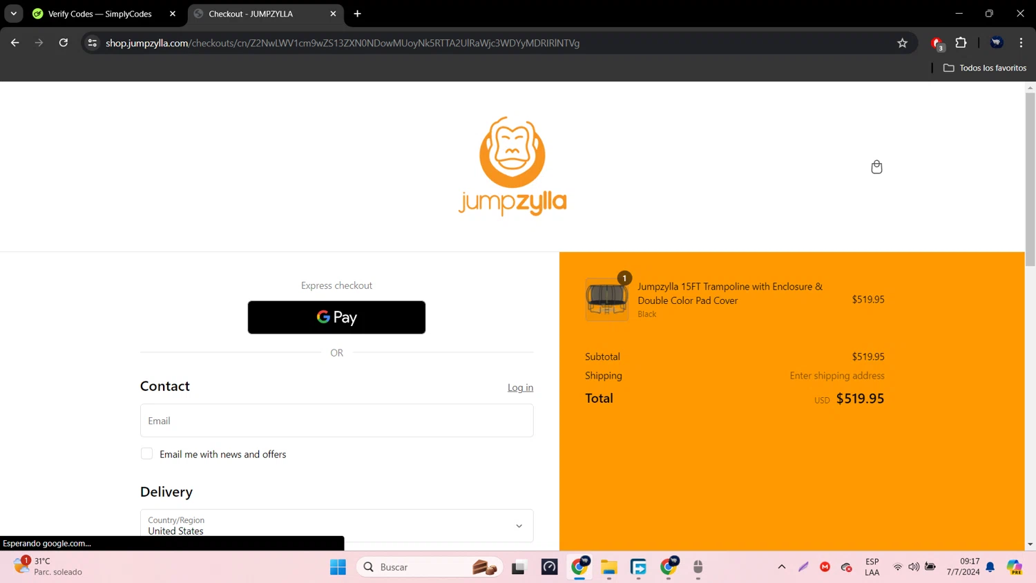 Jumpzylla checkout page showing Jumpzylla discount code box | Screenshot taken by SimplyCodes community member on Jul 7, 2024