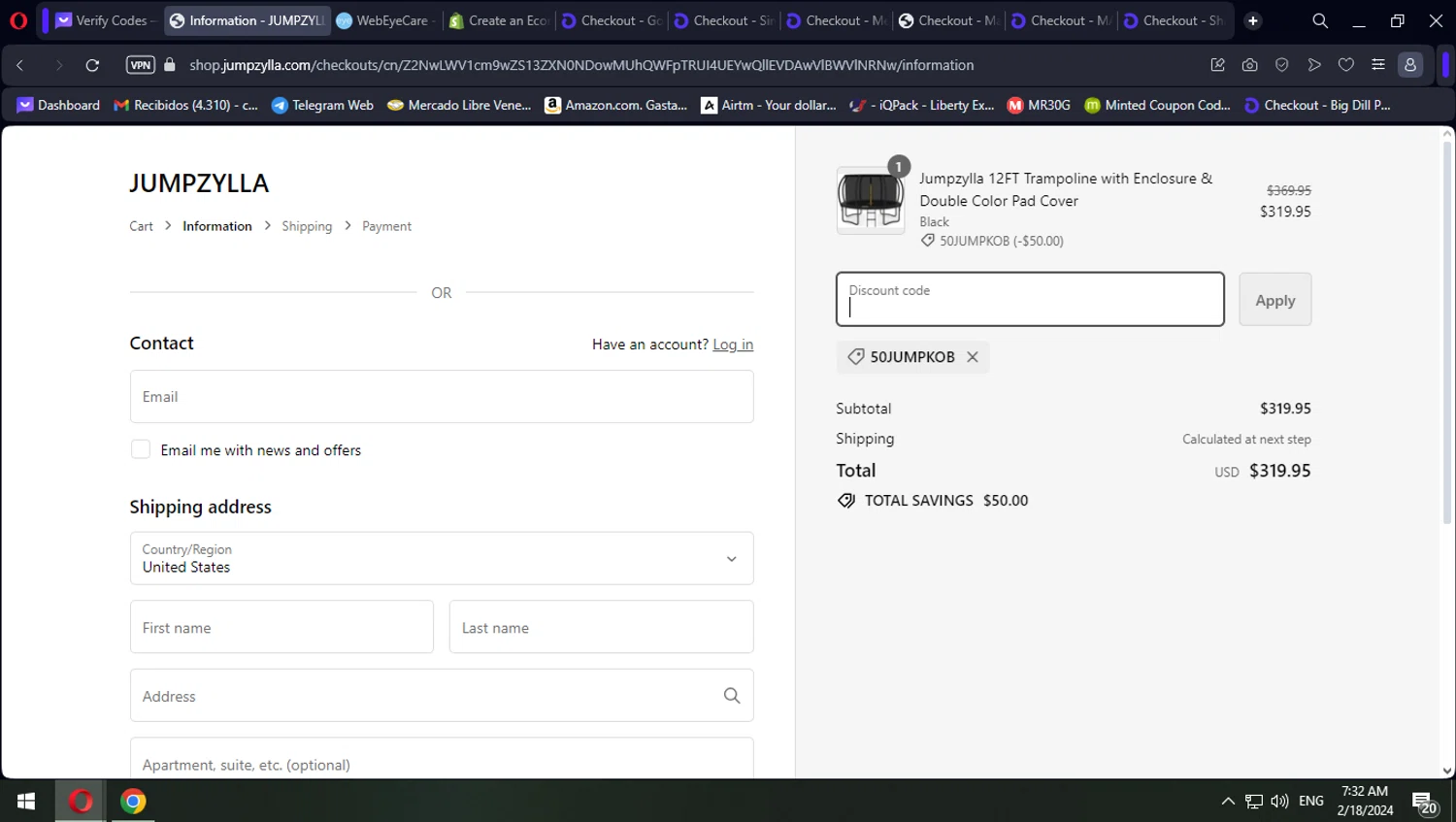 Jumpzylla checkout page showing Jumpzylla discount code box | Screenshot taken by SimplyCodes community member on Feb 18, 2024