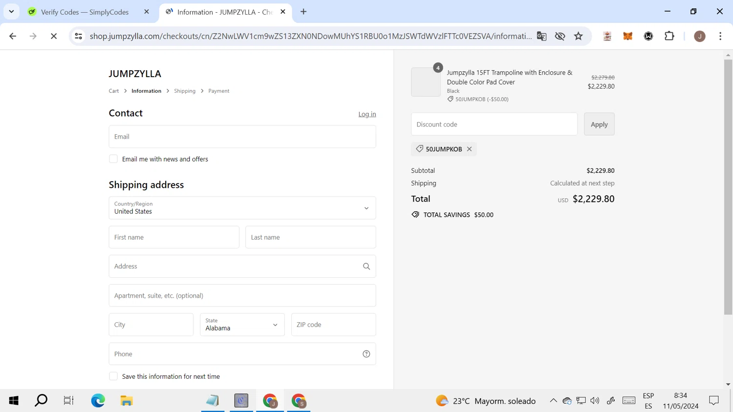 Jumpzylla checkout page showing Jumpzylla discount code box | Screenshot taken by SimplyCodes community member on May 11, 2024