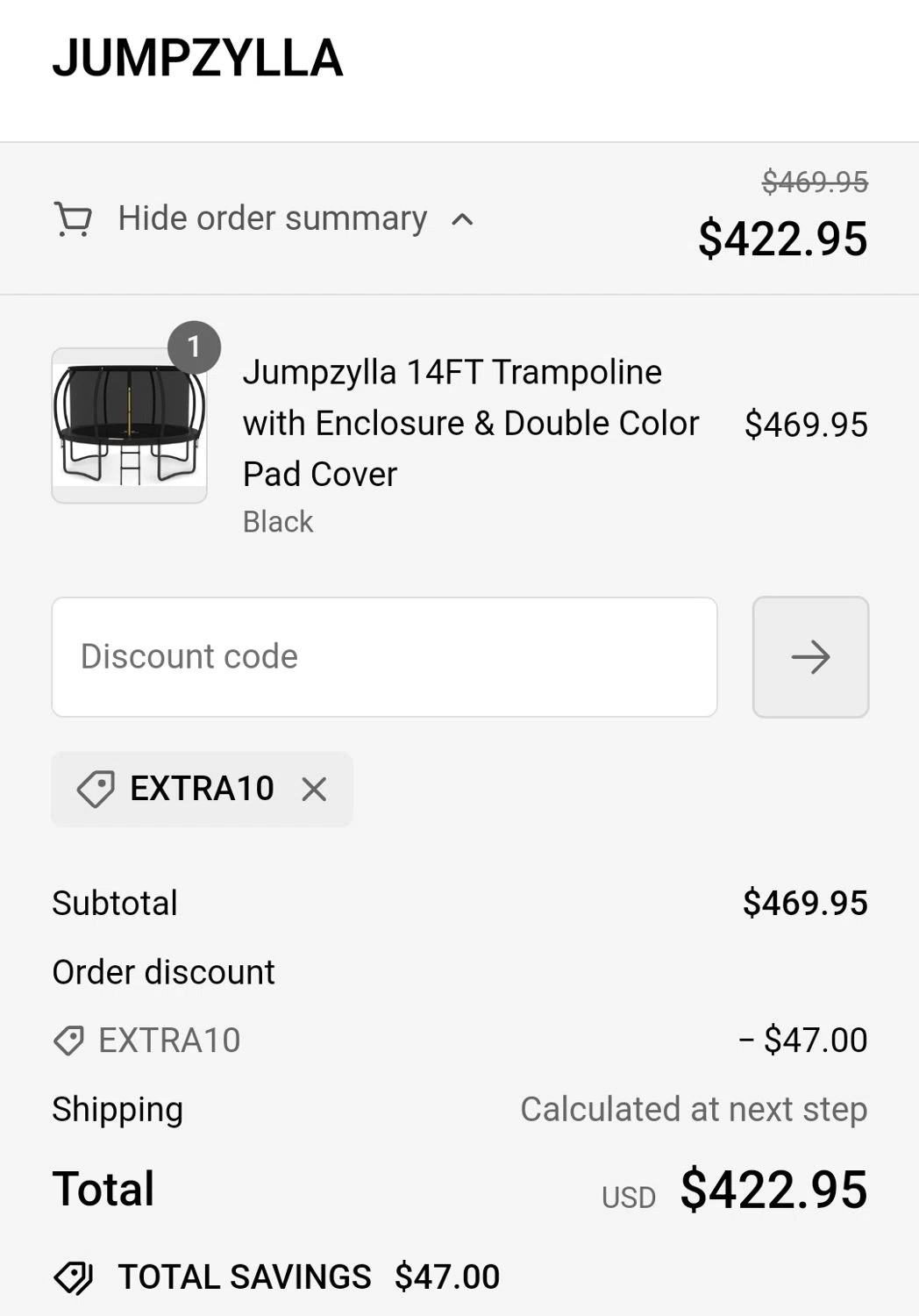 Jumpzylla checkout page showing Jumpzylla discount code box | Screenshot taken by SimplyCodes community member on Mar 18, 2024