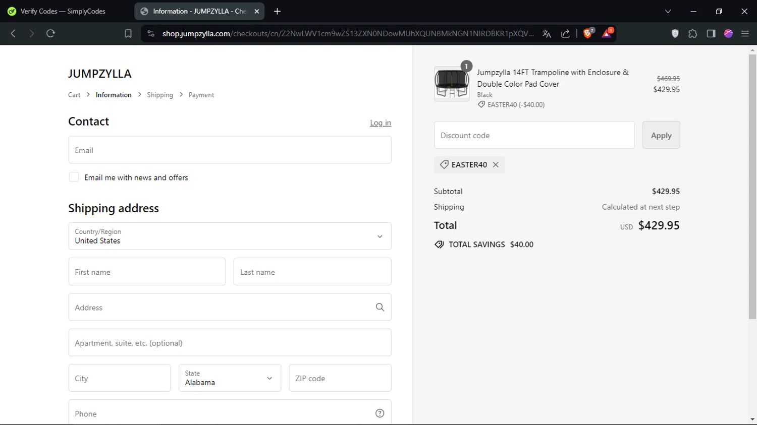Jumpzylla checkout page showing Jumpzylla discount code box | Screenshot taken by SimplyCodes community member on Apr 25, 2024