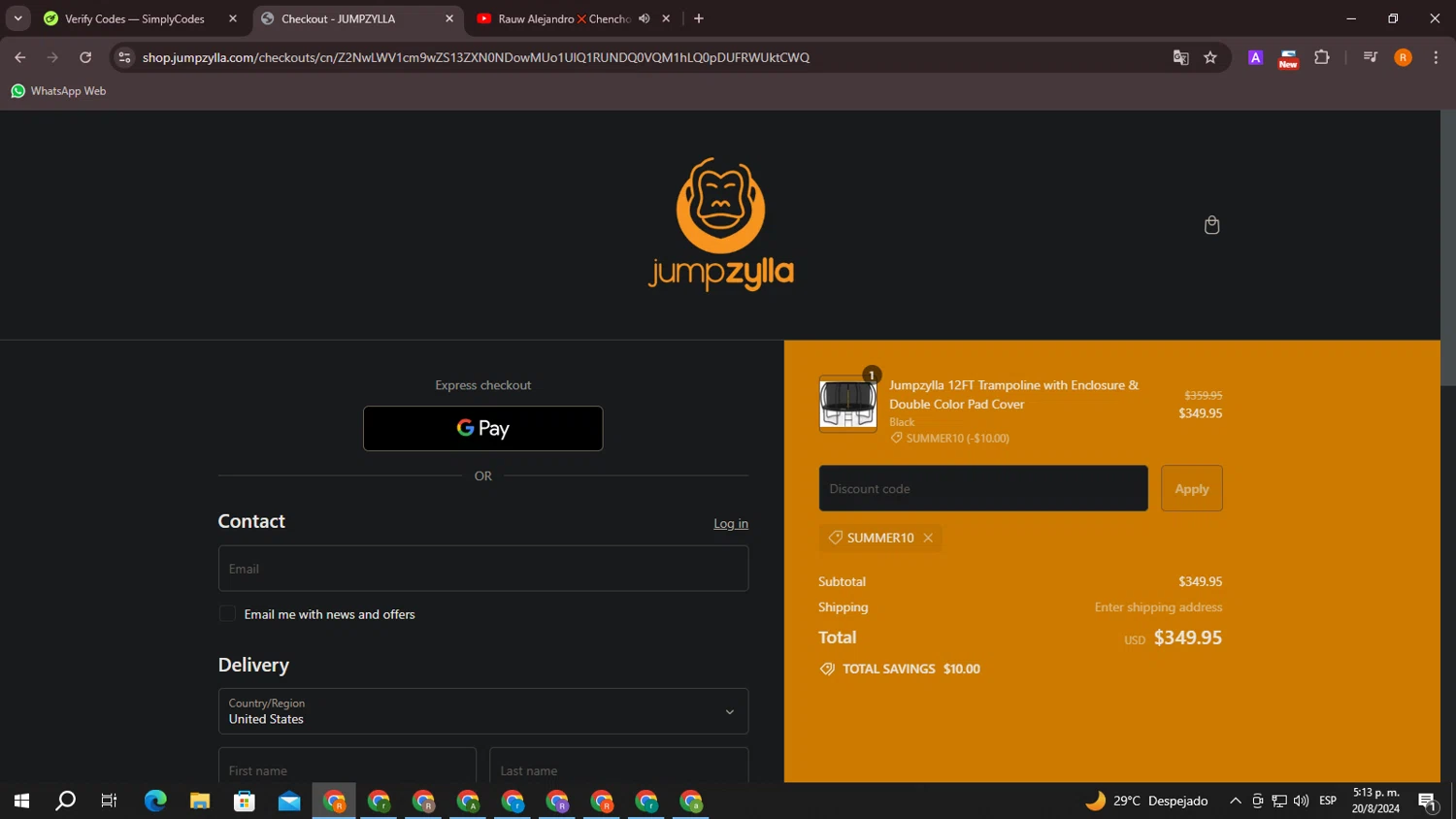 Jumpzylla checkout page showing Jumpzylla discount code box | Screenshot taken by SimplyCodes community member on Aug 20, 2024