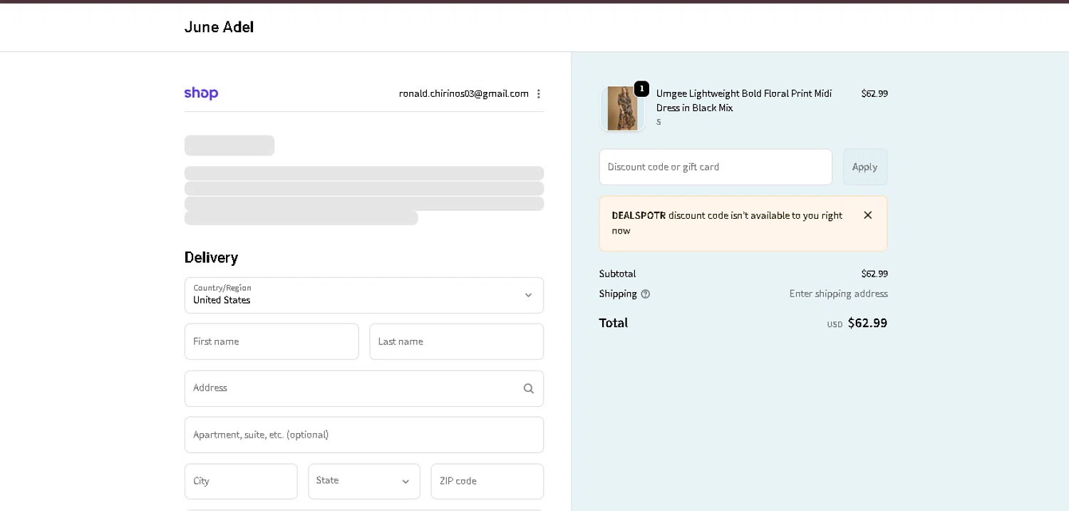 June Adel discount code screenshot showing code DEALSPOTR applied at June Adel checkout page. Uploaded by SimplyCodes community member CleverGenius9882 on Jan 8, 2026