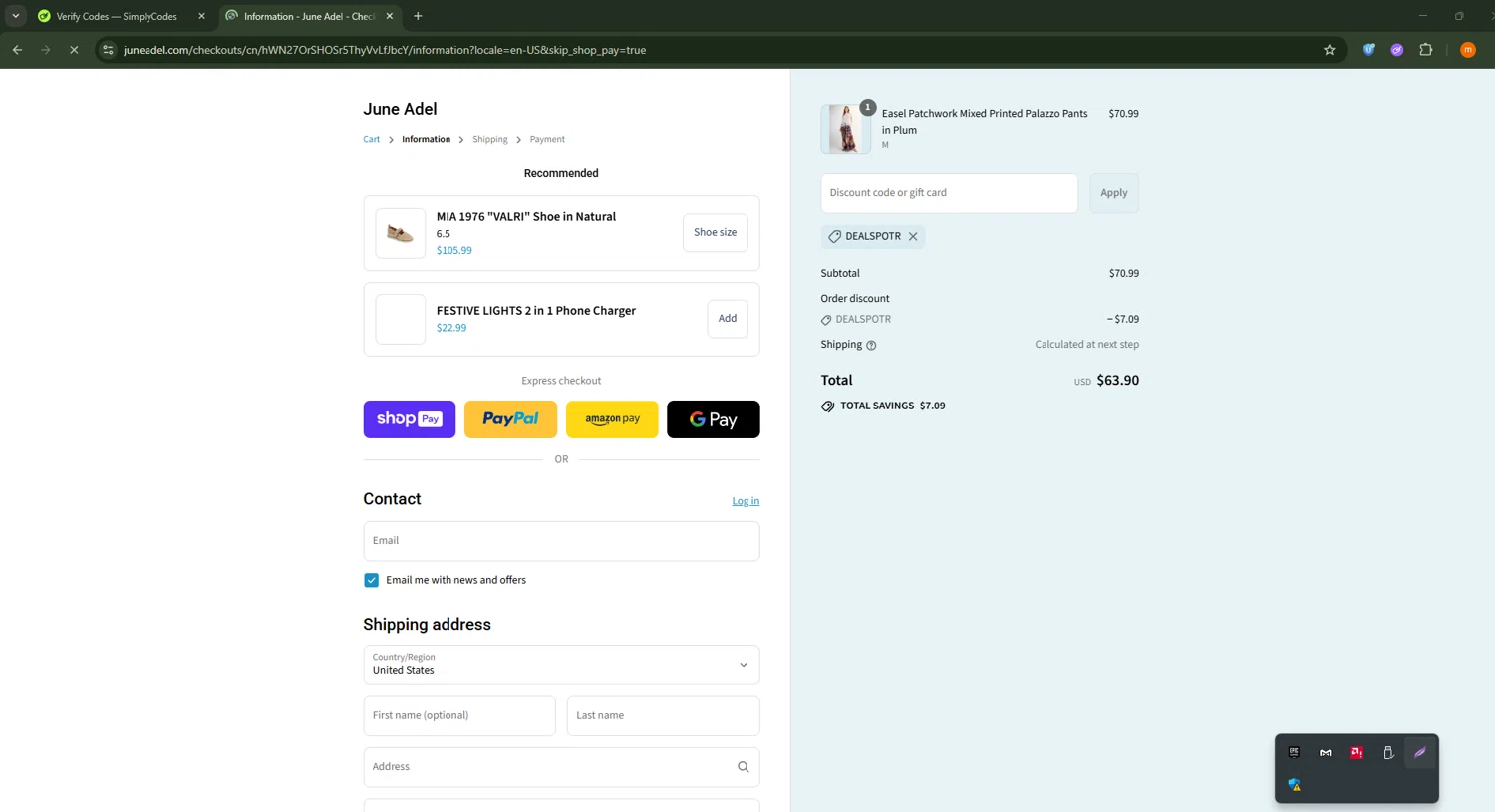 June Adel discount code screenshot showing code DEALSPOTR applied at June Adel checkout page. Uploaded by SimplyCodes community member Davoxeneixe on Aug 23, 2025
