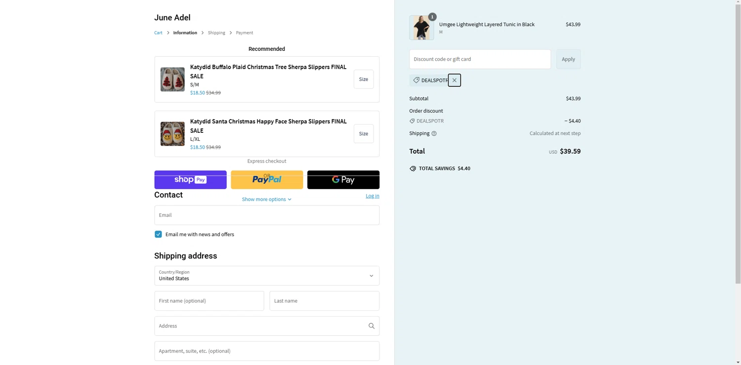 June Adel discount code screenshot showing code DEALSPOTR applied at June Adel checkout page. Uploaded by SimplyCodes community member holasfosi on Feb 9, 2025
