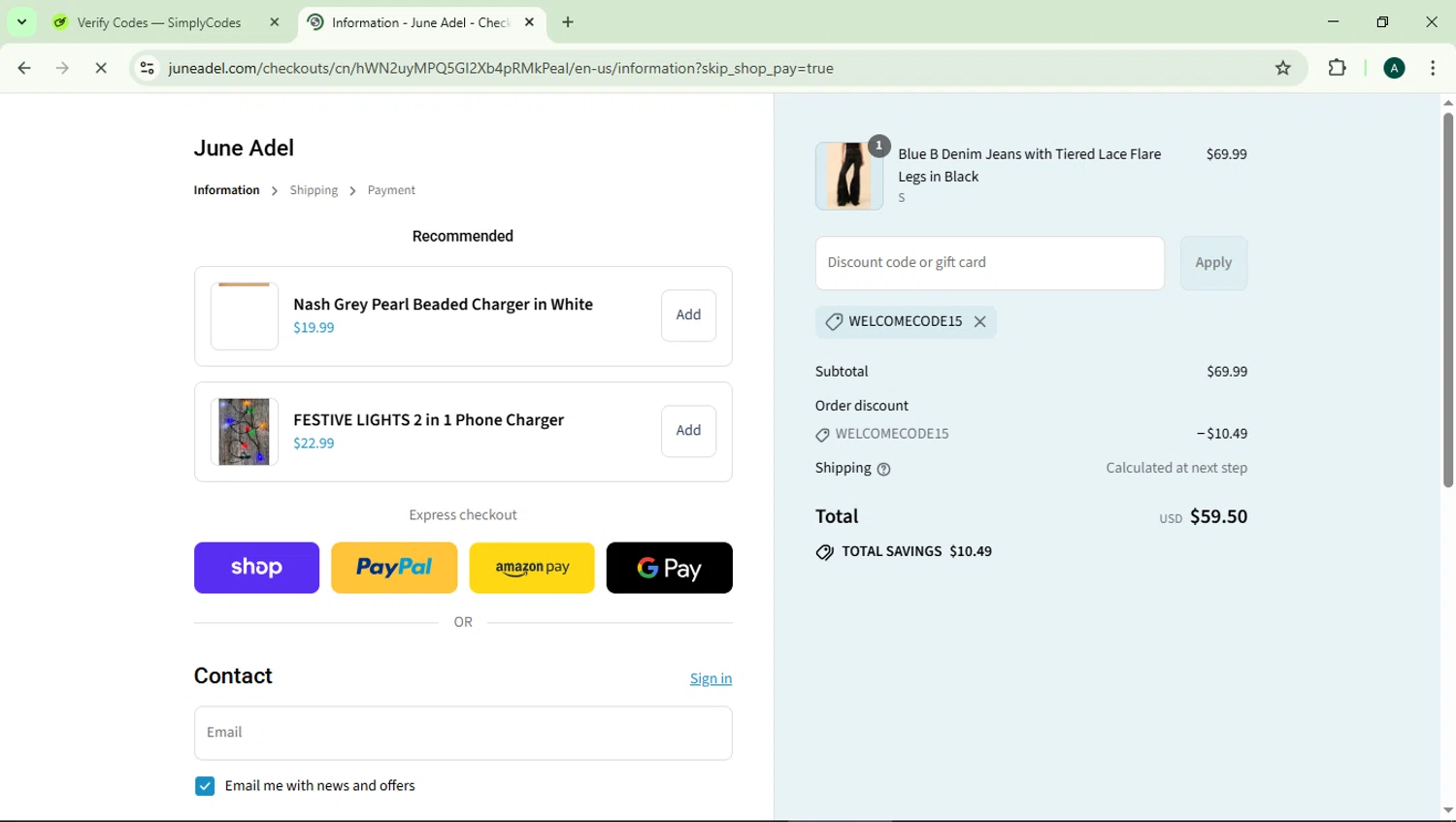June Adel discount code screenshot showing code WELCOMECODE15 applied at June Adel checkout page. Uploaded by SimplyCodes community member HAOJIN on Sep 13, 2025
