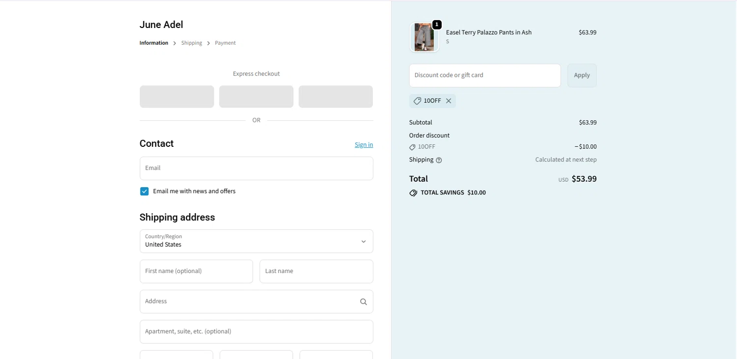 June Adel discount code screenshot showing code 10OFF applied at June Adel checkout page. Uploaded by SimplyCodes community member TOTONEROFL on Dec 12, 2025