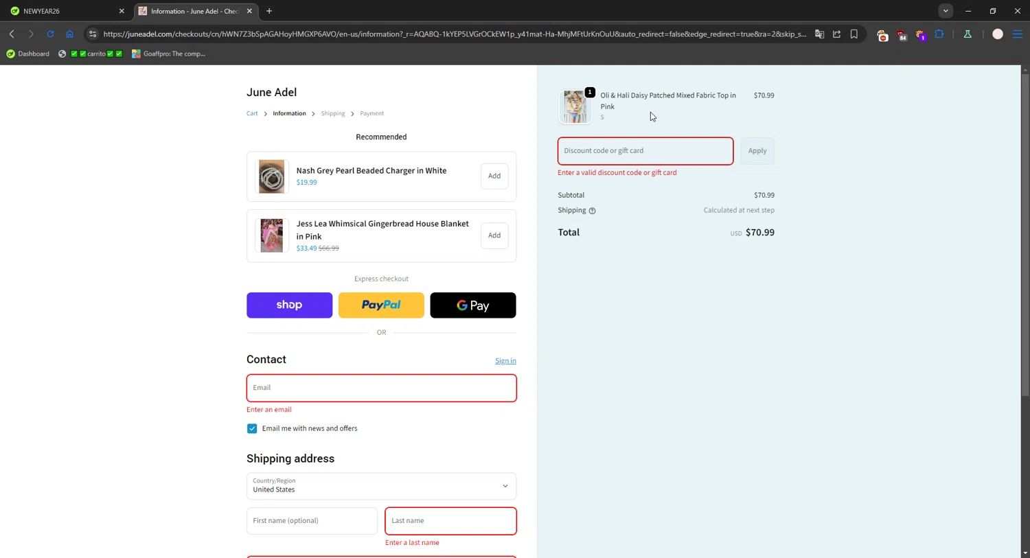 June Adel discount code screenshot showing code NEWYEAR26 applied at June Adel checkout page. Uploaded by SimplyCodes community member connyshan2154 on Jan 13, 2026