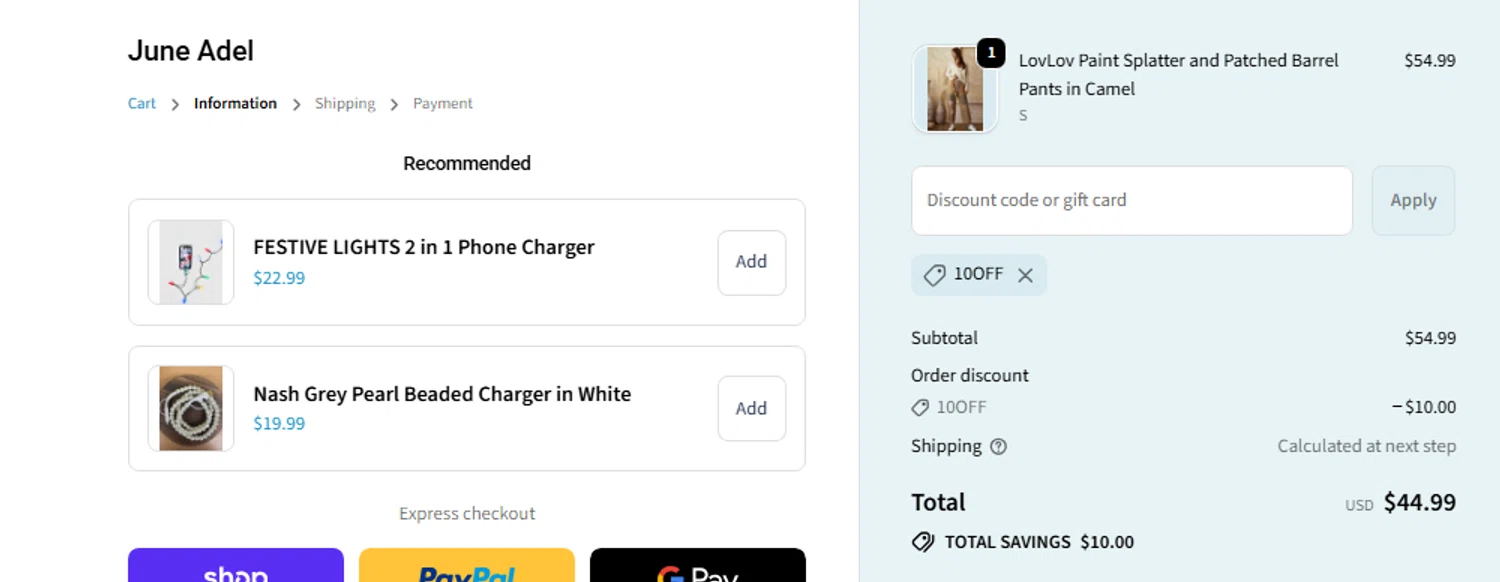 June Adel discount code screenshot showing code 10OFF applied at June Adel checkout page. Uploaded by SimplyCodes community member Jhonny on Dec 12, 2025