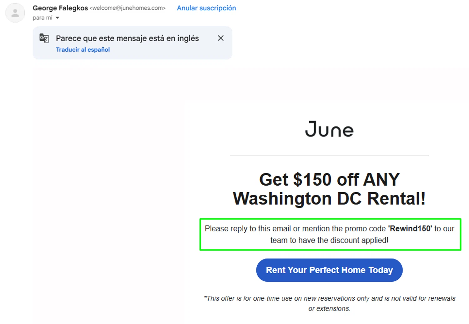 June Homes promo code screenshot showing code Rewind150 applied at June Homes checkout page. Uploaded by SimplyCodes community member couponcheck02 on Oct 14, 2025