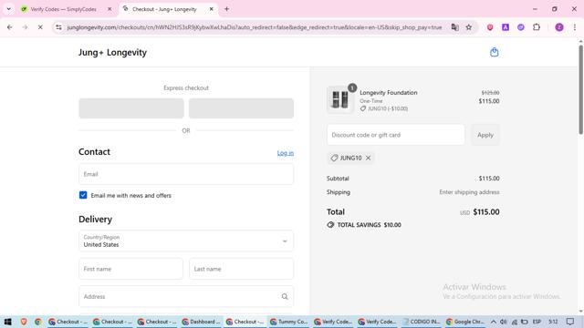 Jung+ Longevity checkout page showing Jung+ Longevity promo code box | Screenshot taken by SimplyCodes community member on Aug 27, 2025