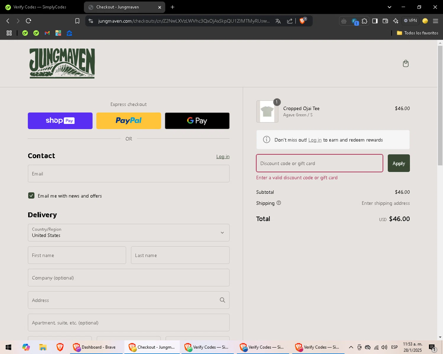 Jungmaven discount code screenshot showing code core30 applied at Jungmaven checkout page. Uploaded by SimplyCodes community member SaleOwl2150 on Jan 28, 2025