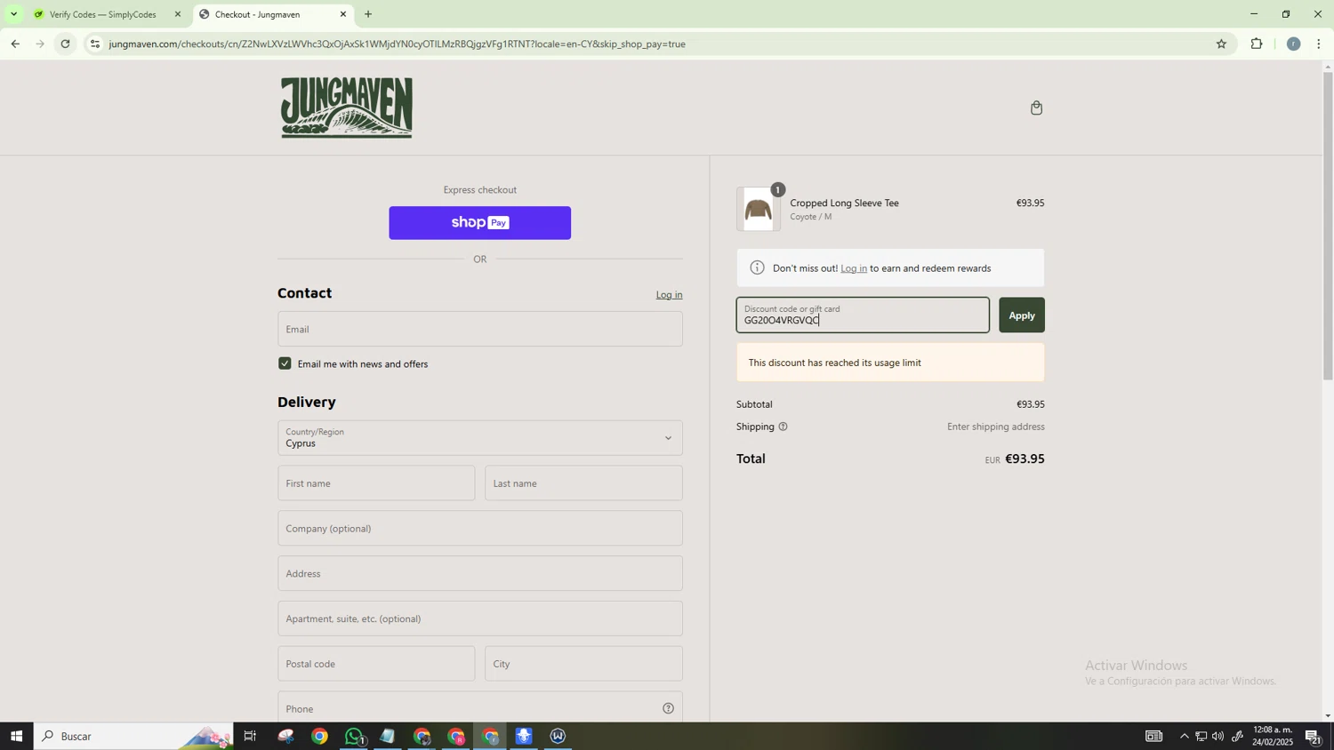 Jungmaven discount code screenshot showing code GG20O4VRGVQC applied at Jungmaven checkout page. Uploaded by SimplyCodes community member CashScholar6568 on Feb 24, 2025