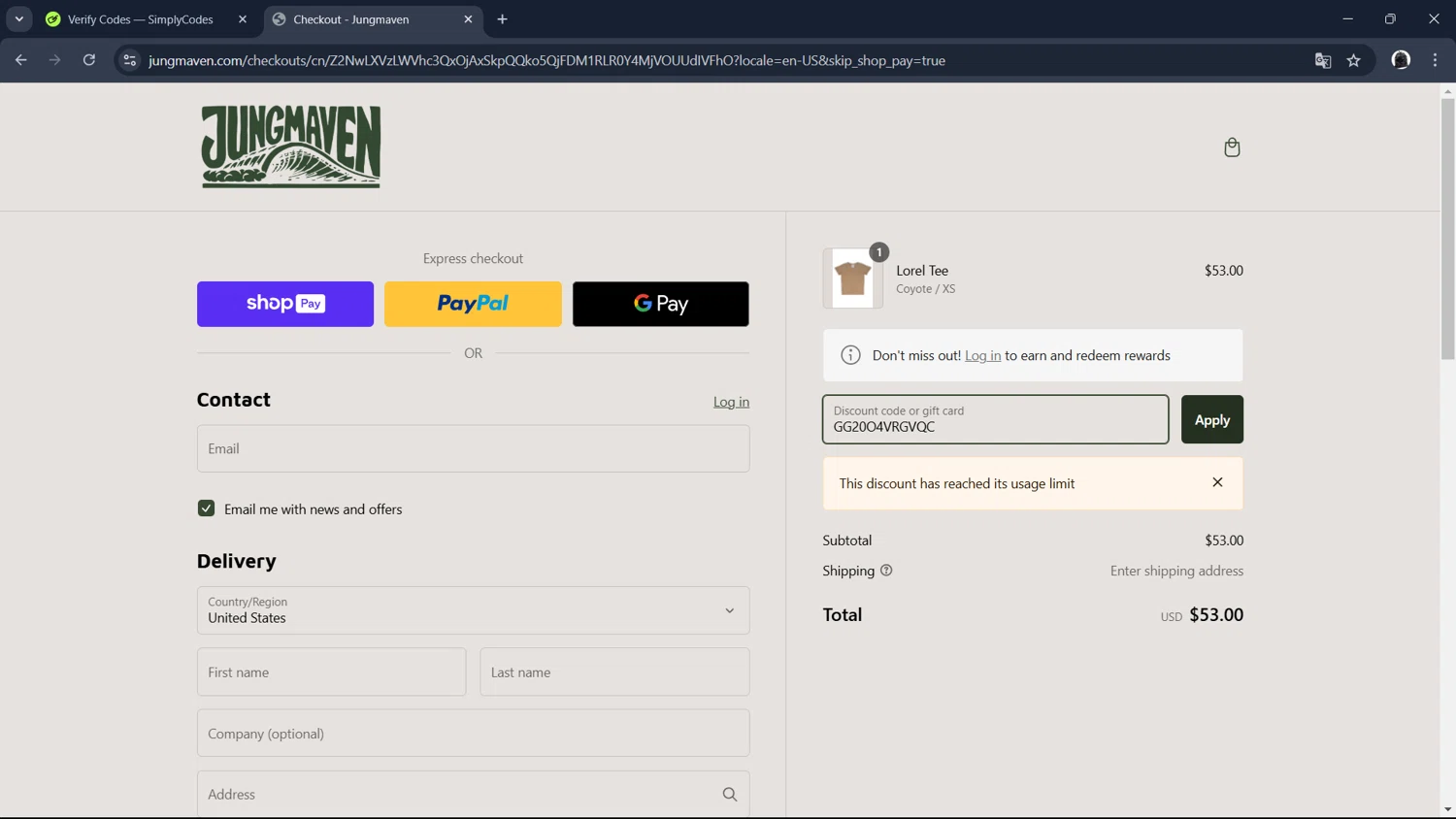 Jungmaven discount code screenshot showing code GG20O4VRGVQC applied at Jungmaven checkout page. Uploaded by SimplyCodes community member Teresa on Jan 28, 2025