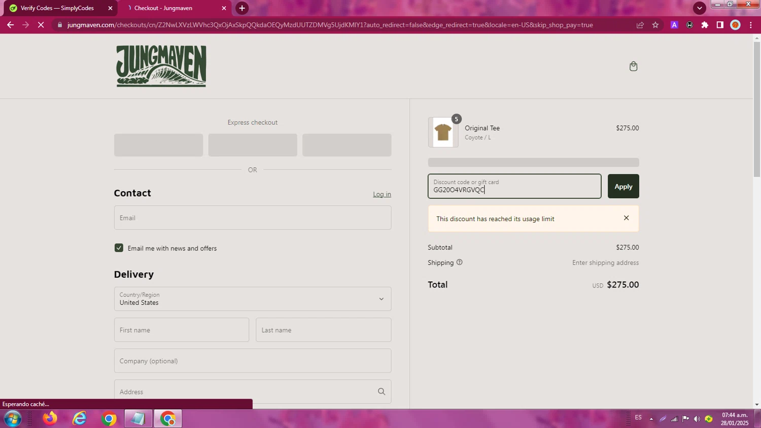 Jungmaven discount code screenshot showing code GG20O4VRGVQC applied at Jungmaven checkout page. Uploaded by SimplyCodes community member LegendaryBoss7060 on Jan 28, 2025