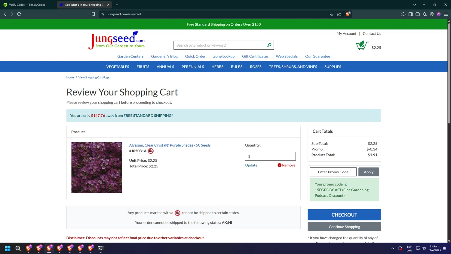 Jung Seed Co. promo code screenshot showing code 15FGPODCAST applied at Jung Seed Co. checkout page. Uploaded by SimplyCodes community member bakyhatman1020 on Apr 9, 2025