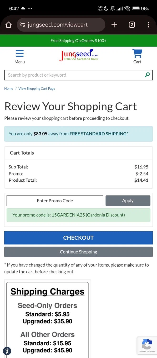 Jung Seed Co. checkout page showing Jung Seed Co. promo code box | Screenshot taken by SimplyCodes community member on Sep 16, 2025