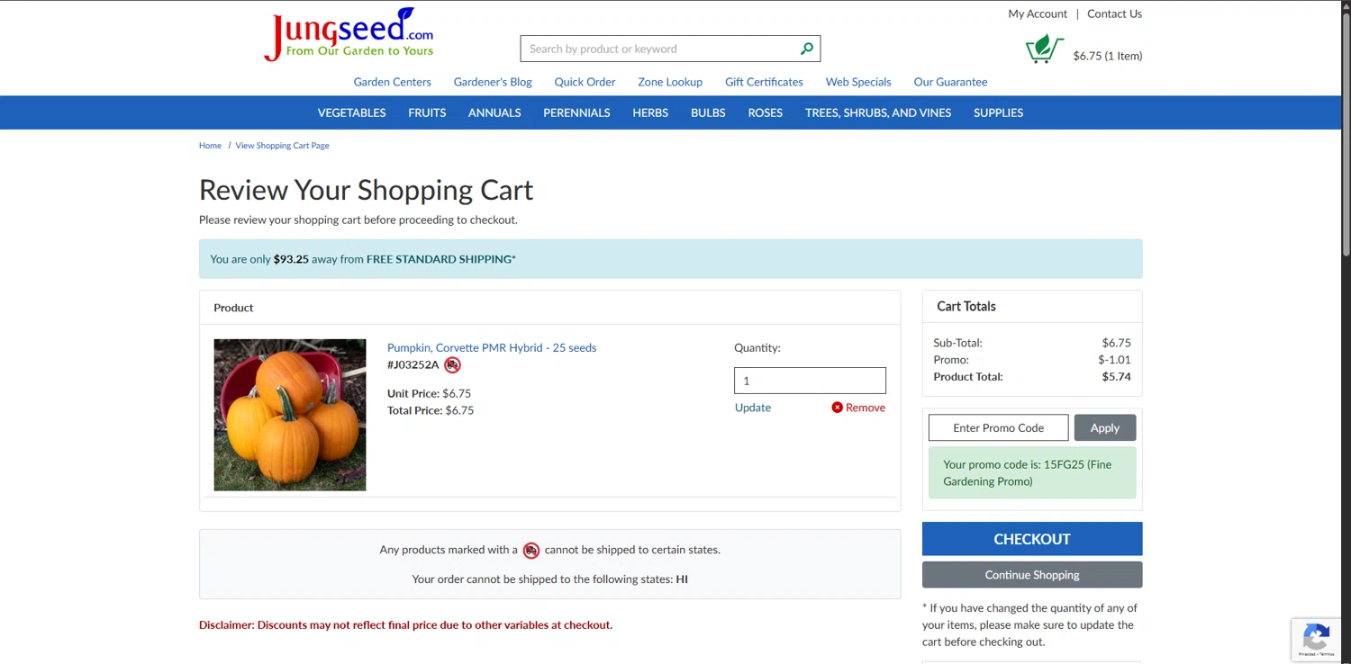 Jung Seed Co. checkout page showing Jung Seed Co. promo code box | Screenshot taken by SimplyCodes community member on Nov 14, 2025