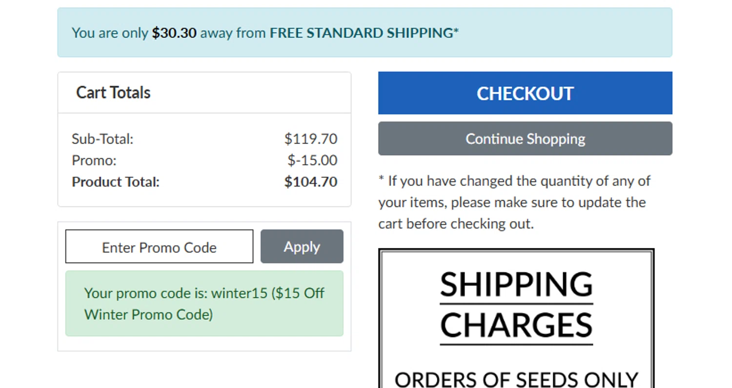 Jung Seed Co. promo code screenshot showing code winter15 applied at Jung Seed Co. checkout page. Uploaded by SimplyCodes community member elmono on Jan 23, 2026