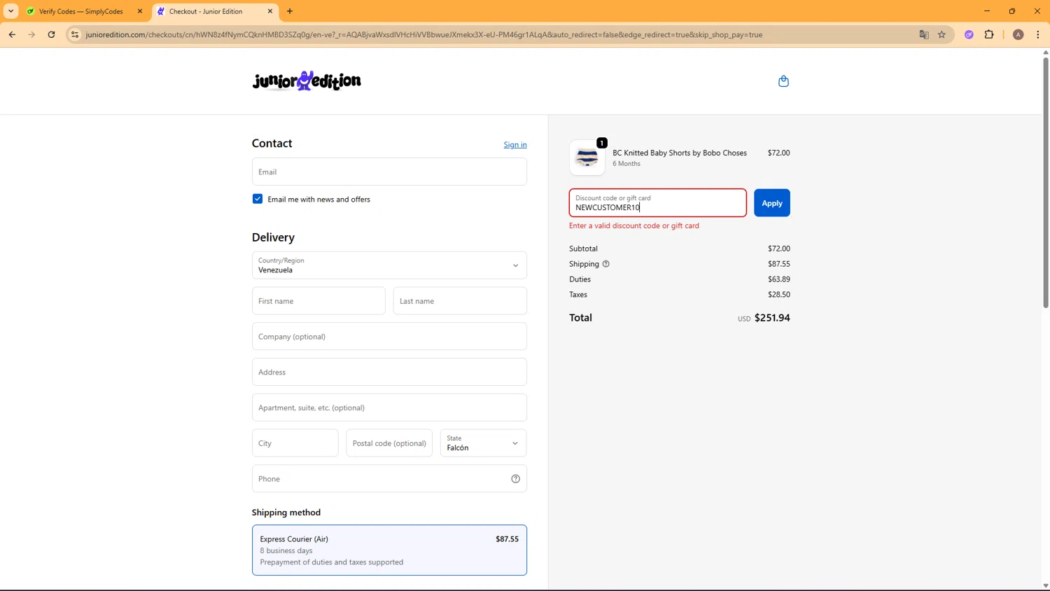 Junior Edition promo code screenshot showing code NEWCUSTOMER10 applied at Junior Edition checkout page. Uploaded by SimplyCodes community member CoinHunter8661 on Feb 20, 2026