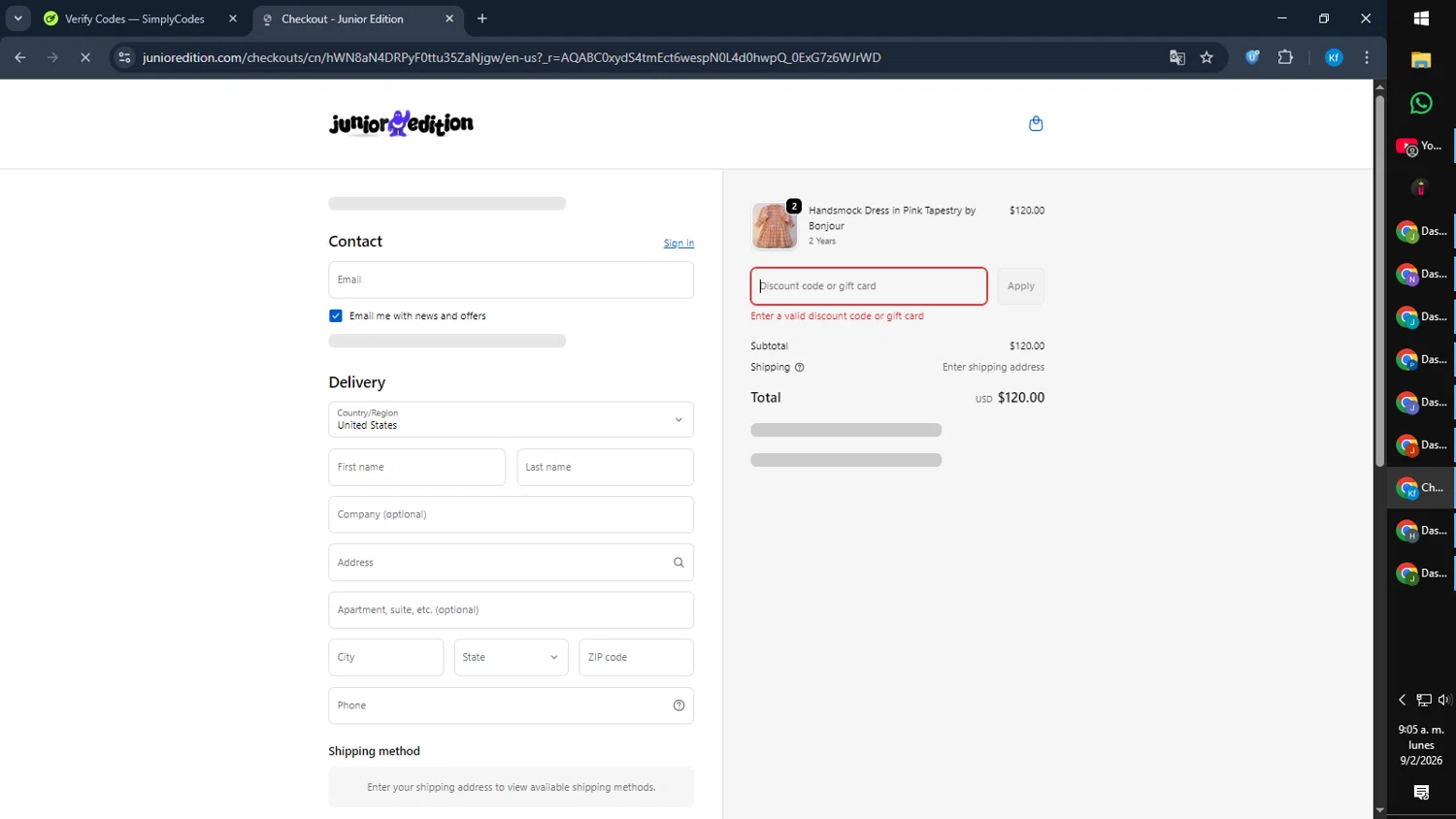 Junior Edition promo code screenshot showing code NEWCUSTOMER10 applied at Junior Edition checkout page. Uploaded by SimplyCodes community member Cynoxx on Feb 9, 2026