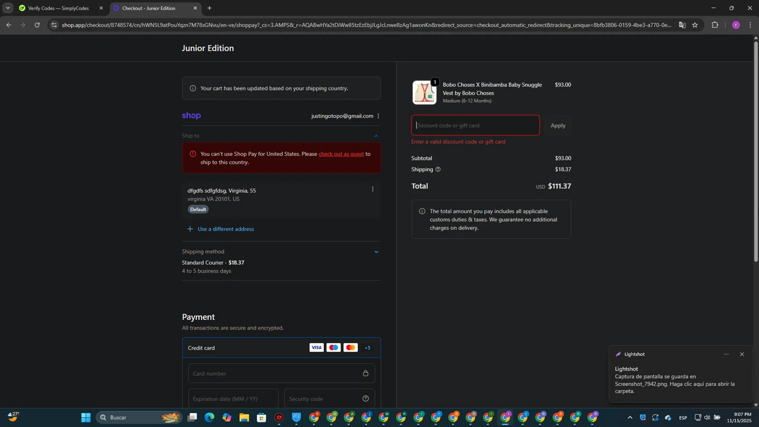 Junior Edition promo code screenshot showing code NEWCUSTOMER10 applied at Junior Edition checkout page. Uploaded by SimplyCodes community member EpicScout8515 on Nov 16, 2025