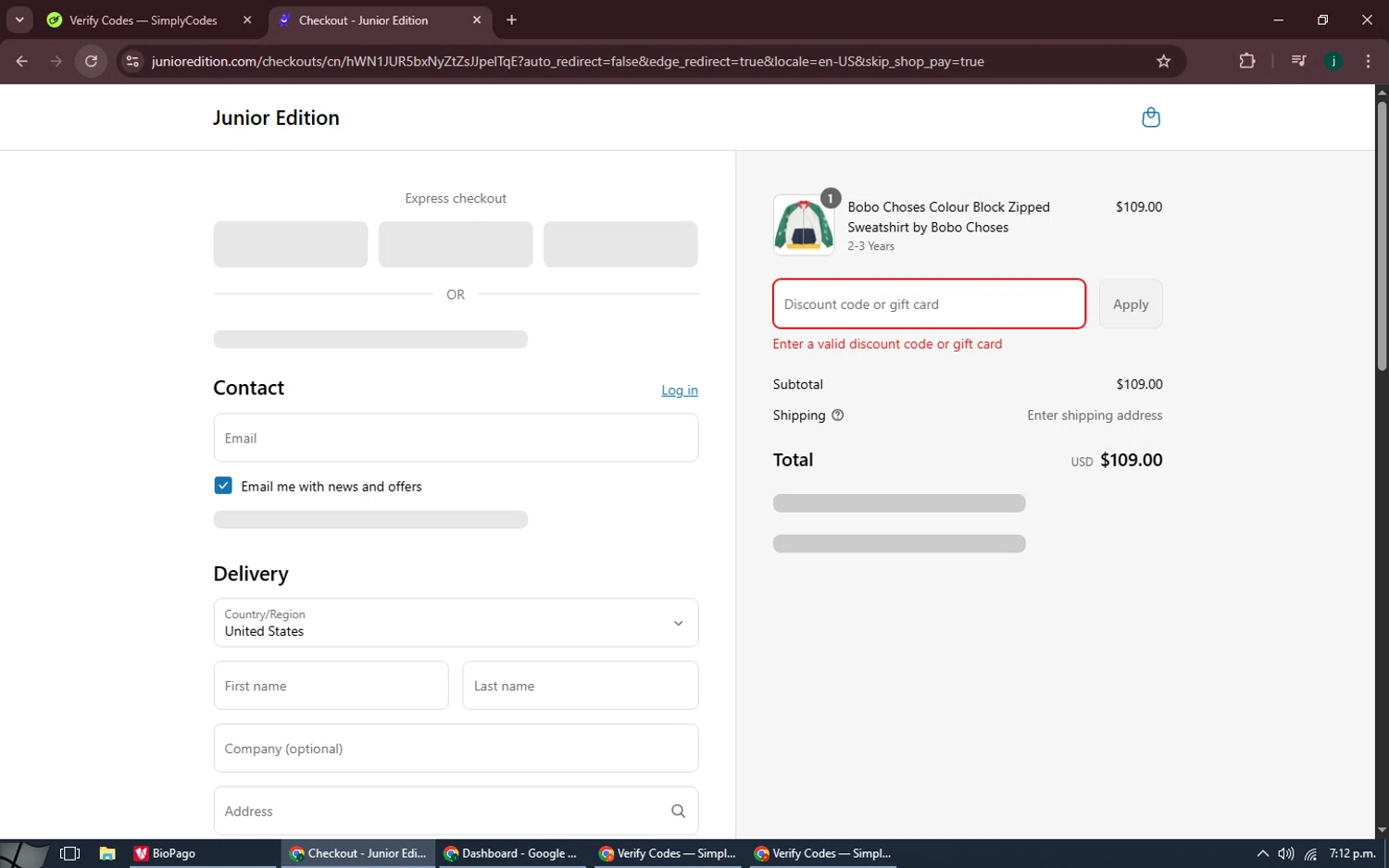 Junior Edition promo code screenshot showing code FREESHIPAW25 applied at Junior Edition checkout page. Uploaded by SimplyCodes community member MoneySpotter5416 on Aug 1, 2025