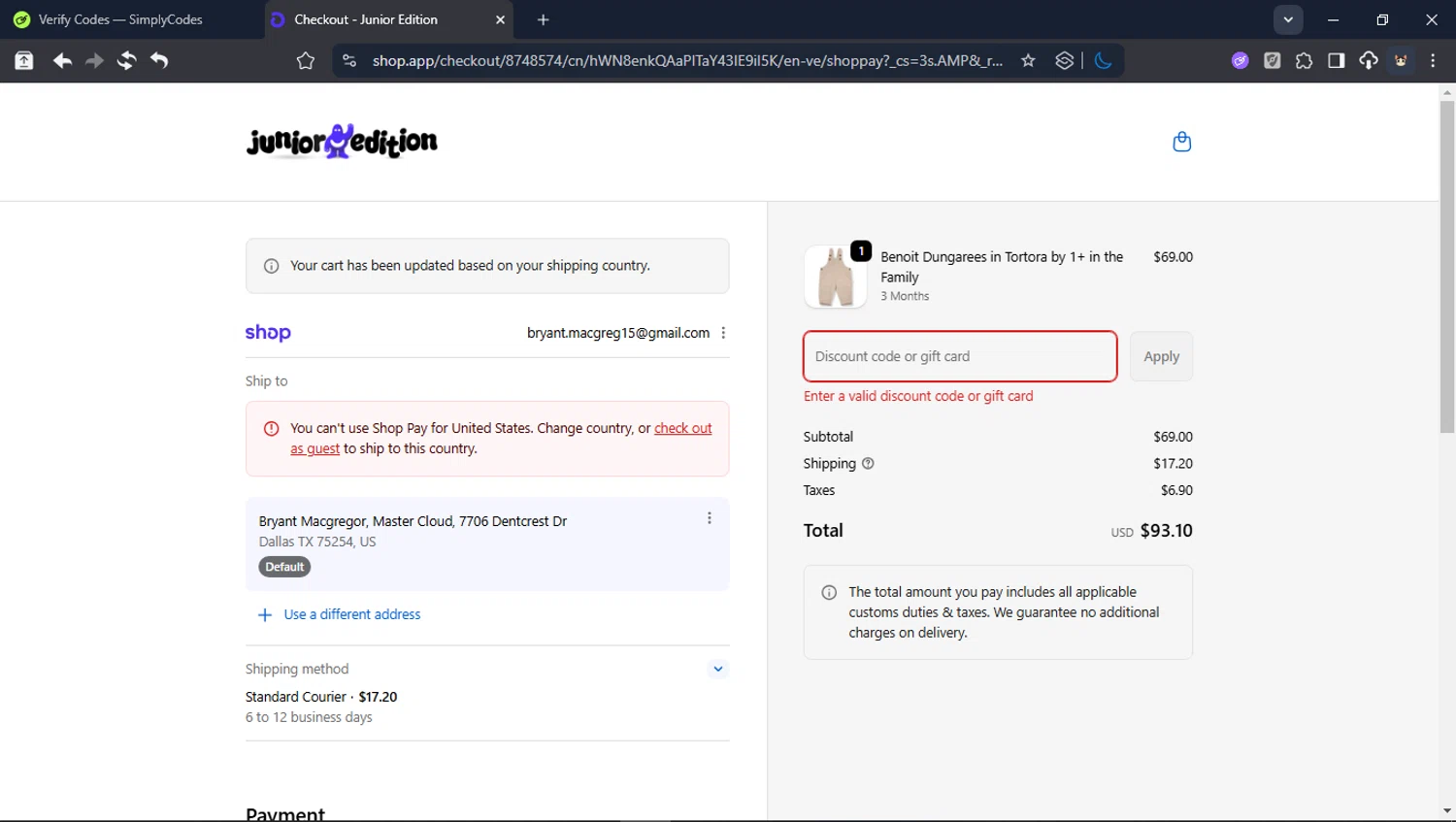 Junior Edition promo code screenshot showing code FREESHIPAW25 applied at Junior Edition checkout page. Uploaded by SimplyCodes community member Userr2 on Feb 11, 2026