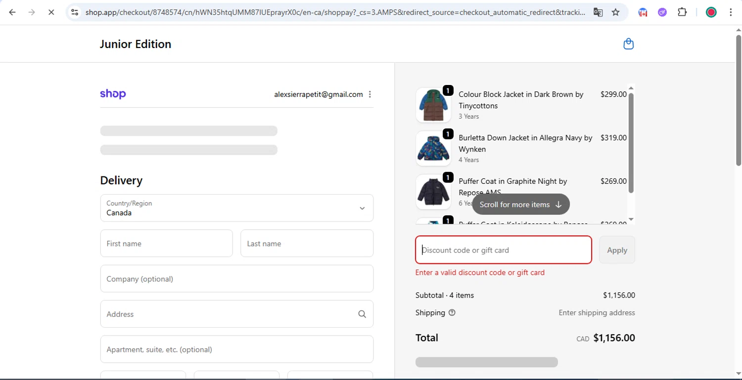 Junior Edition promo code screenshot showing code WINTERCOAT20 applied at Junior Edition checkout page. Uploaded by SimplyCodes community member AlexanderSierraP on Sep 17, 2025