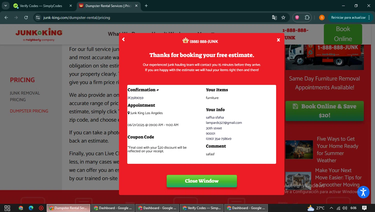 Junk King promo code screenshot showing code WHYWAIT applied at Junk King checkout page. Uploaded by SimplyCodes community member QuestCaptain8930 on Jun 21, 2025
