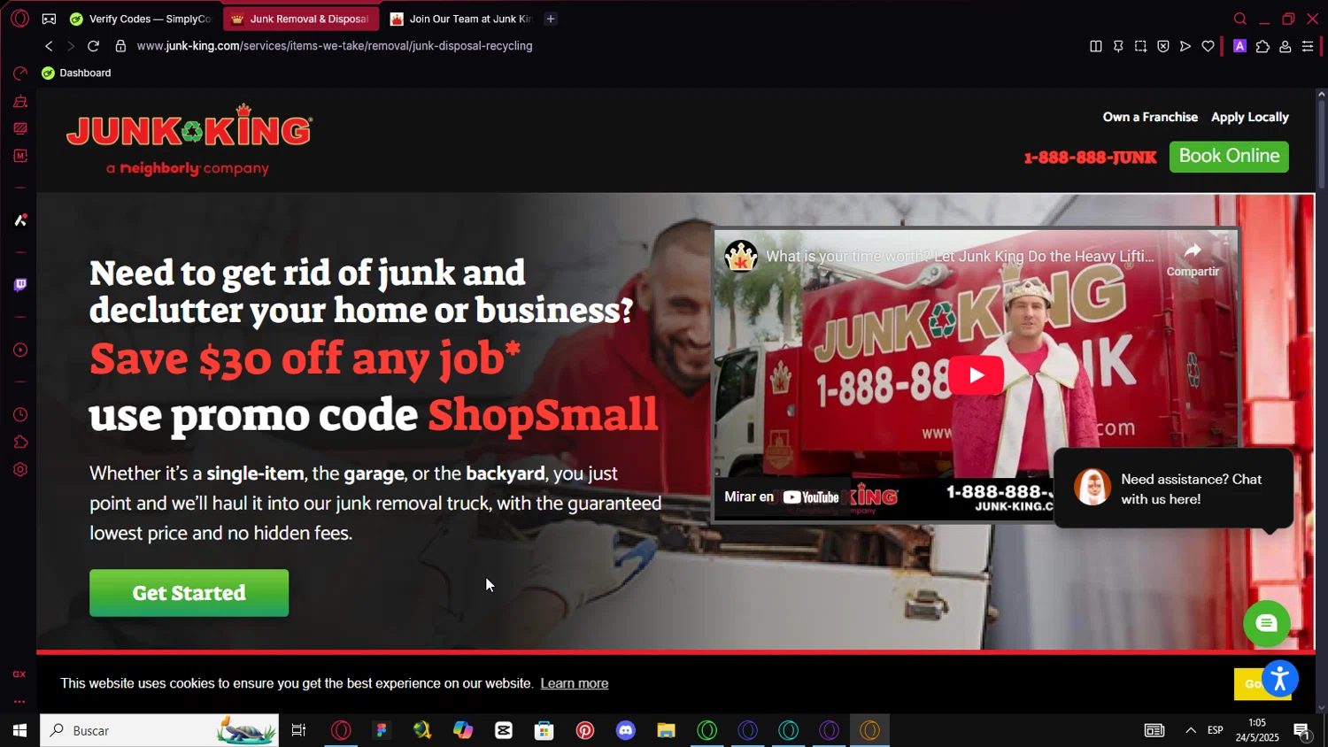 Junk King promo code screenshot showing code ShopSmall applied at Junk King checkout page. Uploaded by SimplyCodes community member FortunateHawk6980 on May 24, 2025