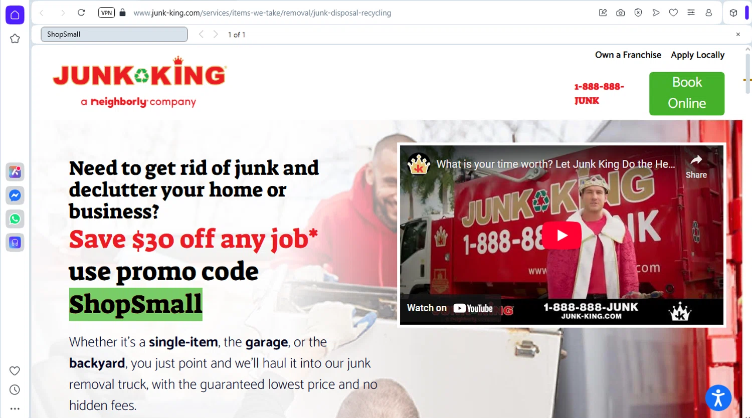 Junk King promo code screenshot showing code ShopSmall applied at Junk King checkout page. Uploaded by SimplyCodes community member rafaelmarquez on Jun 21, 2025