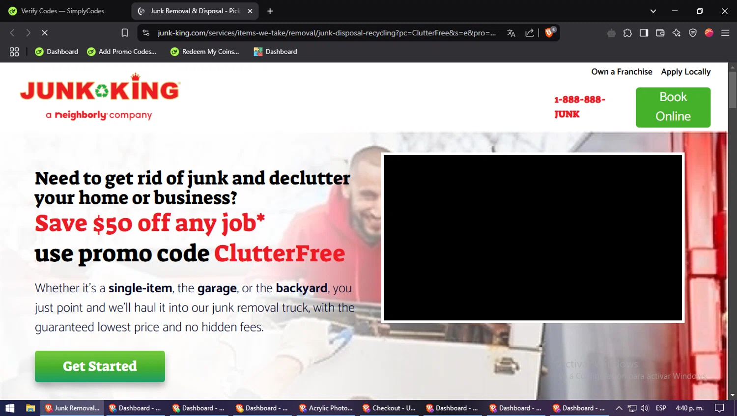 Junk King promo code screenshot showing code ClutterFree applied at Junk King checkout page. Uploaded by SimplyCodes community member BlueBerry on Mar 3, 2025
