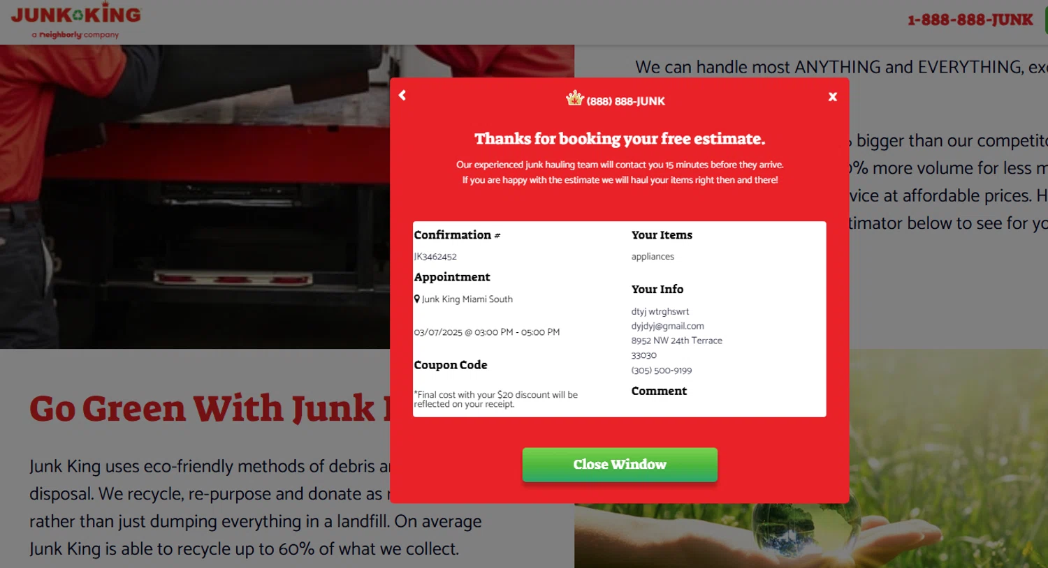 Junk King promo code screenshot showing code ClutterFree applied at Junk King checkout page. Uploaded by SimplyCodes community member Gabrielo200 on Mar 3, 2025