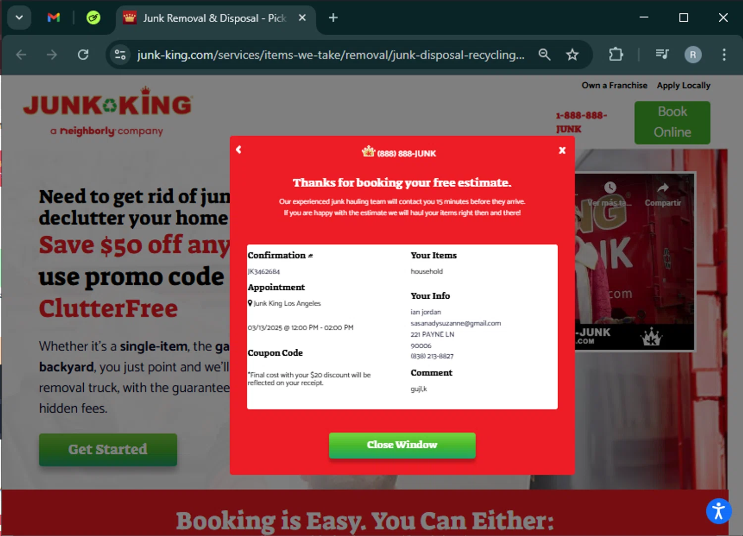 Junk King promo code screenshot showing code ClutterFree applied at Junk King checkout page. Uploaded by SimplyCodes community member PrimeWhiz5416 on Mar 3, 2025